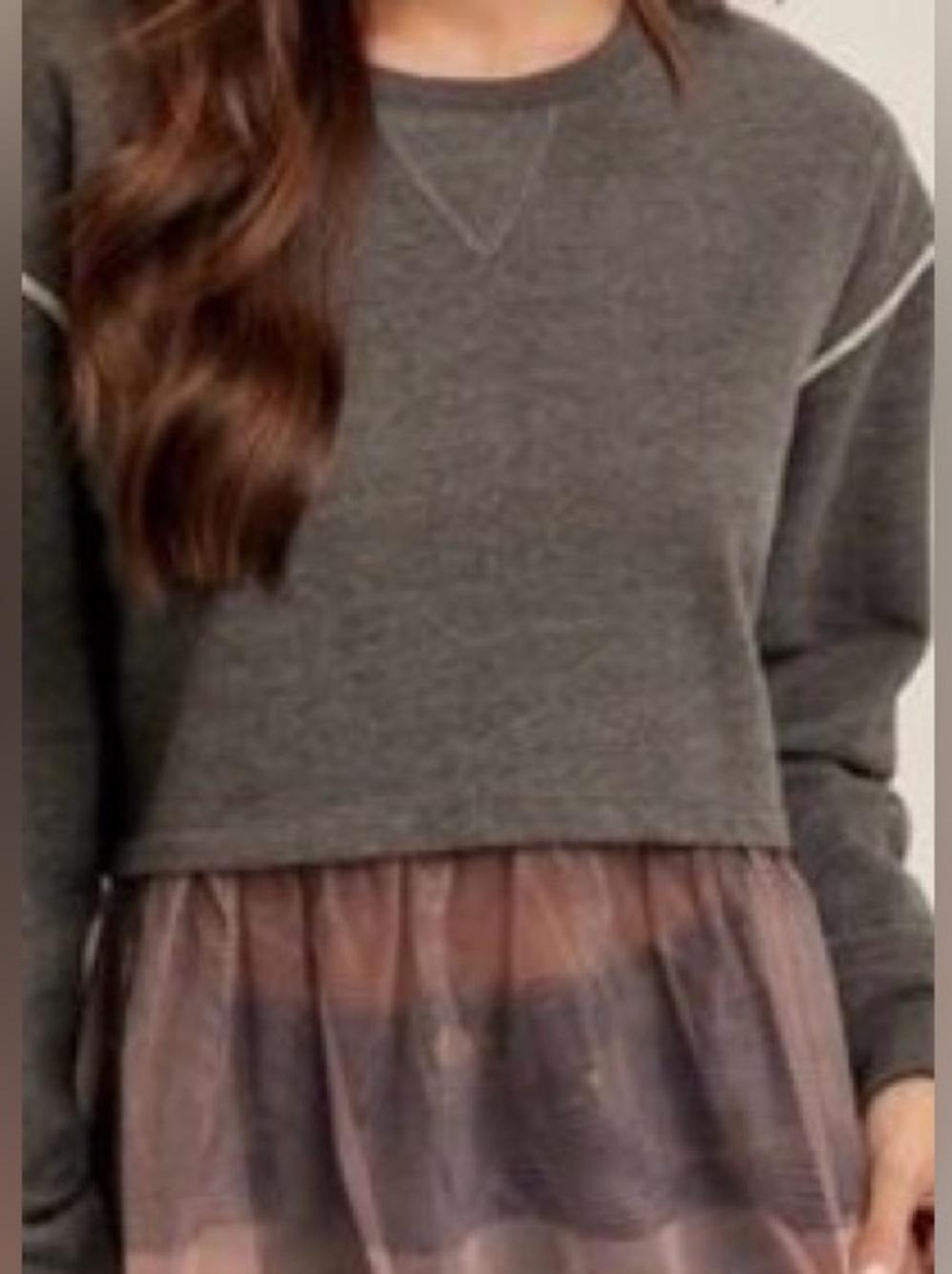 NWT HEM & THREAD L contrast-stitch, tulle-hem, long-sleeve pullover top